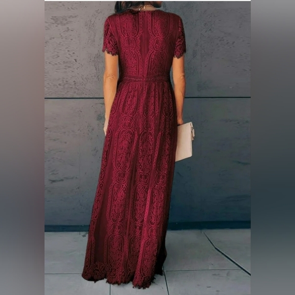 Dokotoo Women's Red V Neck Lace Dress Long Party Wedding Dresses Short Sleeve xl - Picture 2 of 9